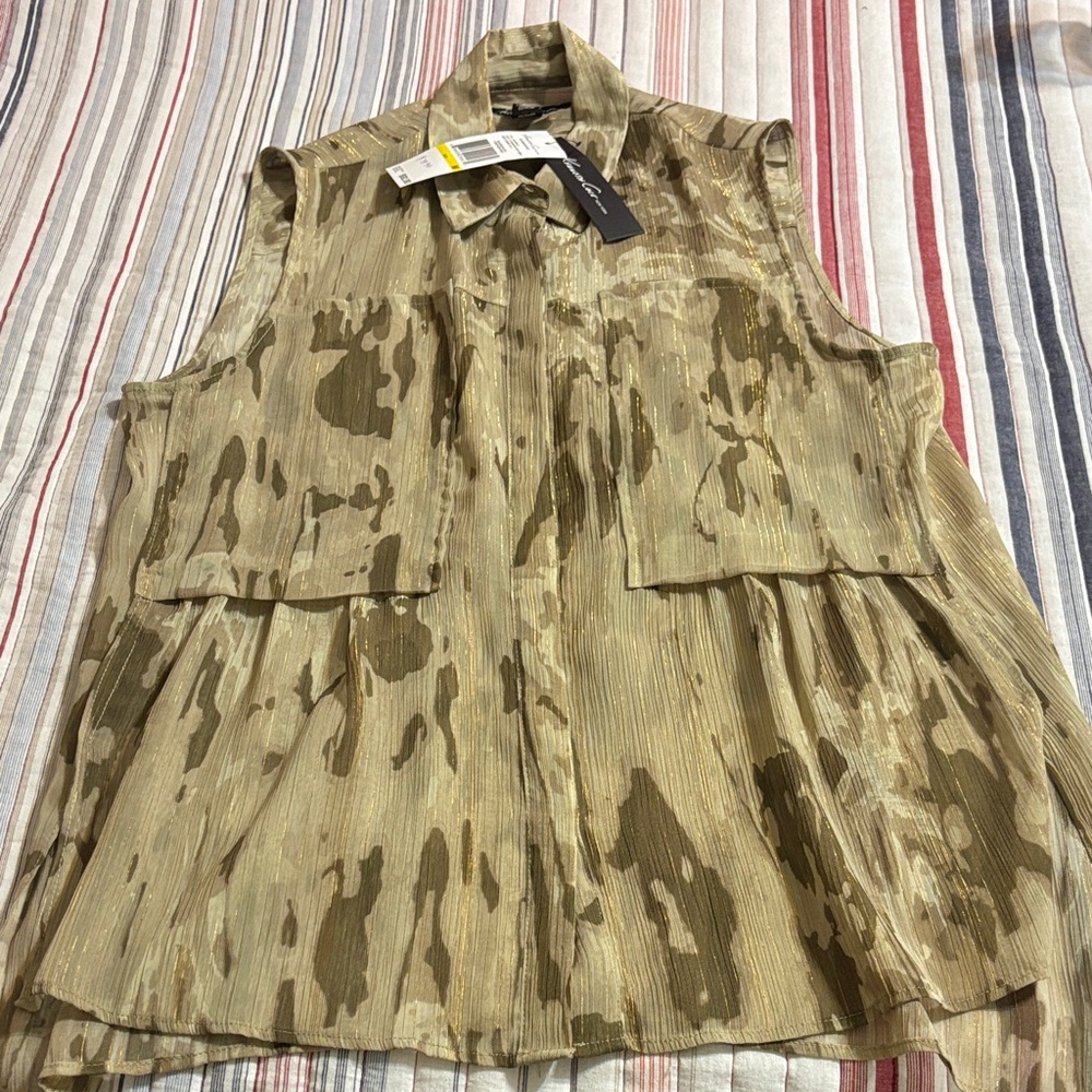 Kenneth Cole Brown and Tan Camouflage Sleeveless Sheer Top with Gold Threading